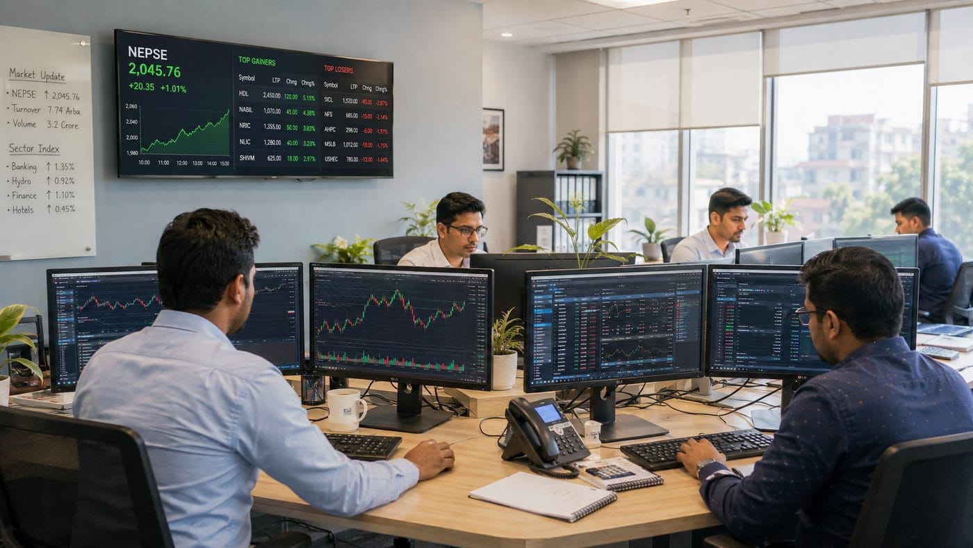Brokerage floor with live NEPSE market screens