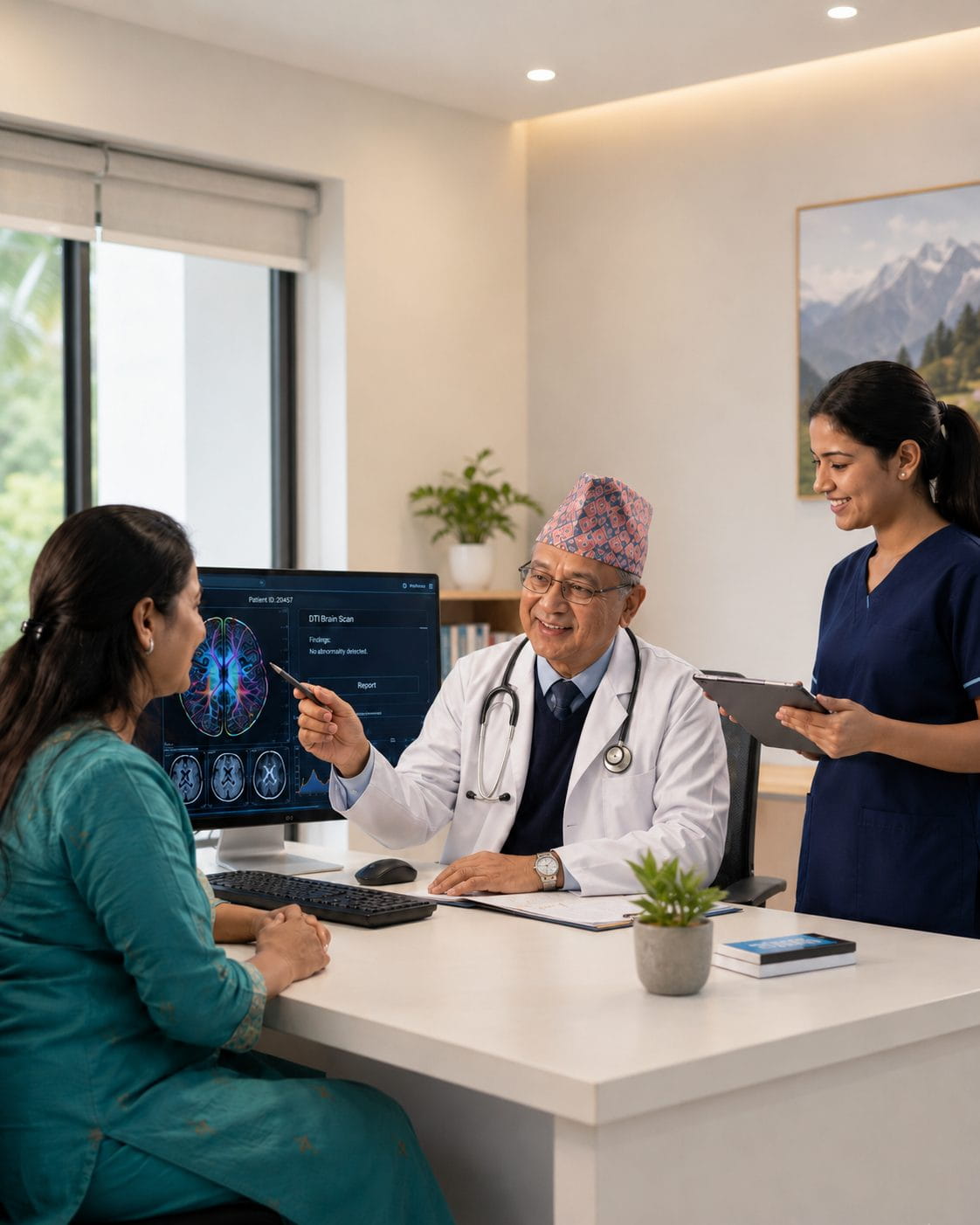 Doctor reviewing a scan with a patient at a clinic