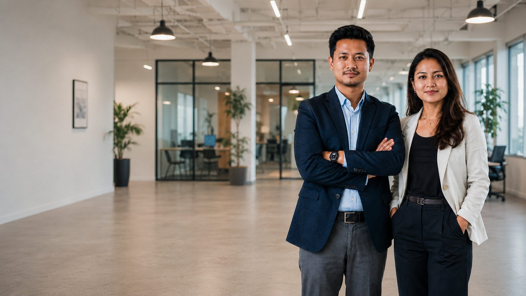 Two business owners standing in their modern office