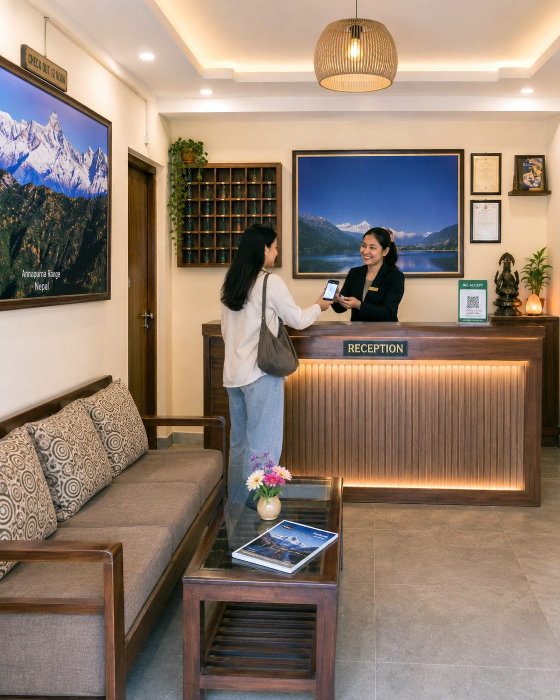 Hotel receptionist assisting a guest at the front desk